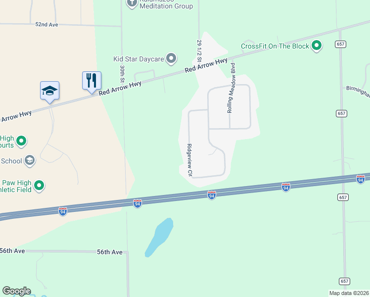 map of restaurants, bars, coffee shops, grocery stores, and more near 54156 Ridgeview Circle in Paw Paw