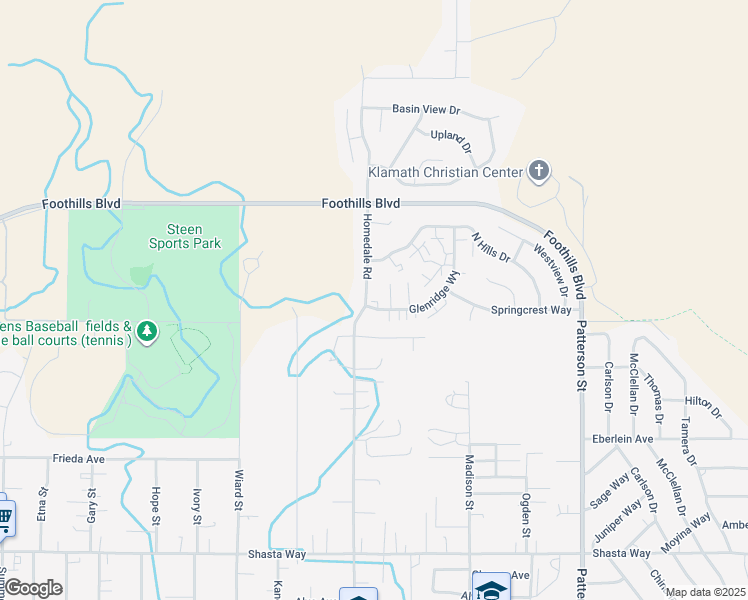 map of restaurants, bars, coffee shops, grocery stores, and more near 5425 Glenridge Way in Klamath Falls