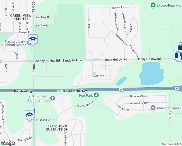 map of restaurants, bars, coffee shops, grocery stores, and more near 3487 Hampton Ridge Drive in Rockford