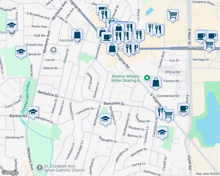 map of restaurants, bars, coffee shops, grocery stores, and more near 680 Darlington Lane in Crystal Lake
