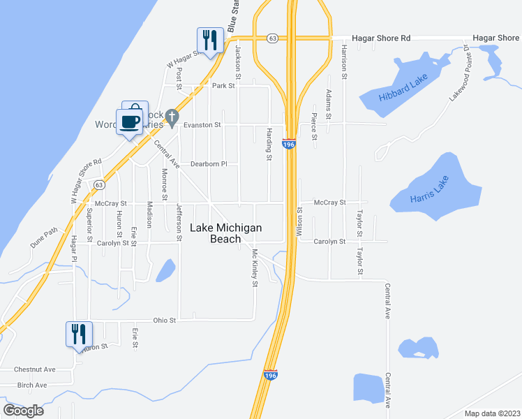 map of restaurants, bars, coffee shops, grocery stores, and more near 6080 Harding Street in Coloma
