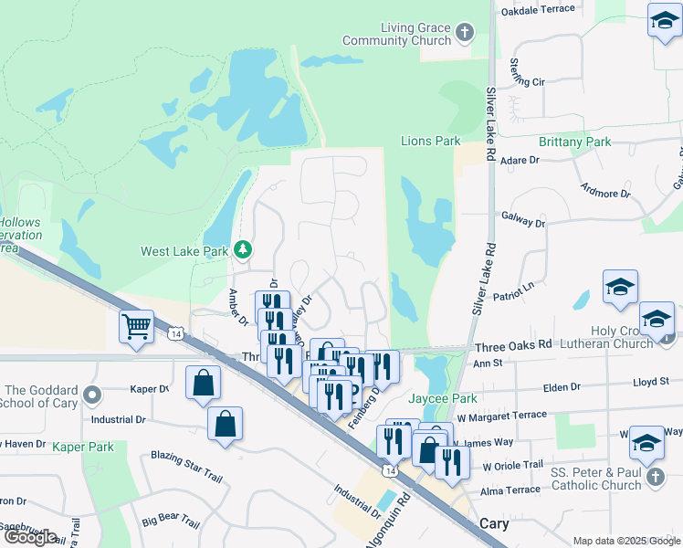 map of restaurants, bars, coffee shops, grocery stores, and more near 60 Oak Valley Drive in Cary