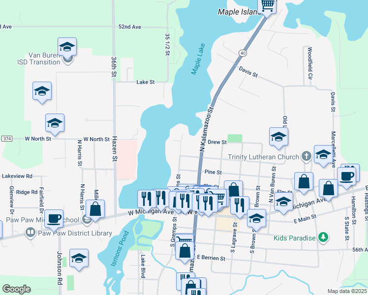 map of restaurants, bars, coffee shops, grocery stores, and more near 510 North Gremps Street in Paw Paw