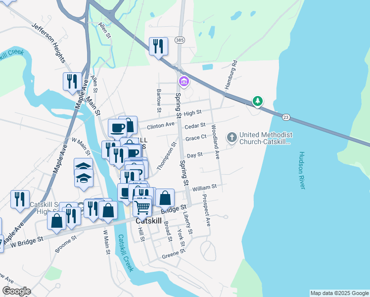 map of restaurants, bars, coffee shops, grocery stores, and more near 104 Spring St in Catskill