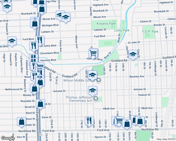 map of restaurants, bars, coffee shops, grocery stores, and more near 1029 16th Street in Wyandotte