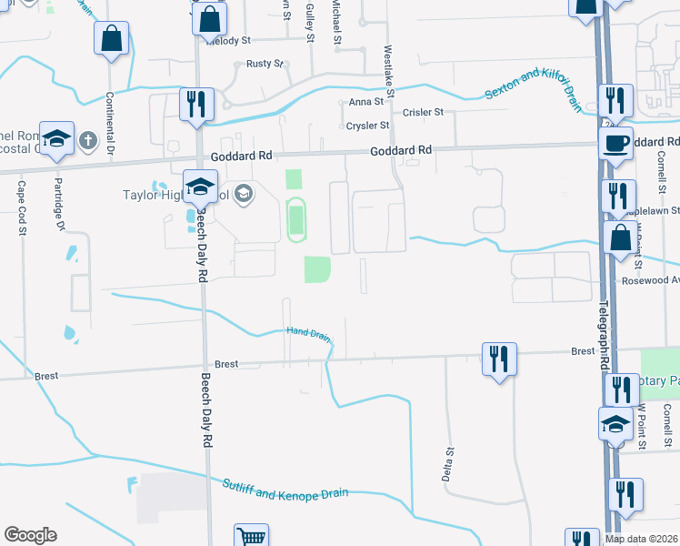 map of restaurants, bars, coffee shops, grocery stores, and more near 11262-11498 Goddard Ct in Taylor