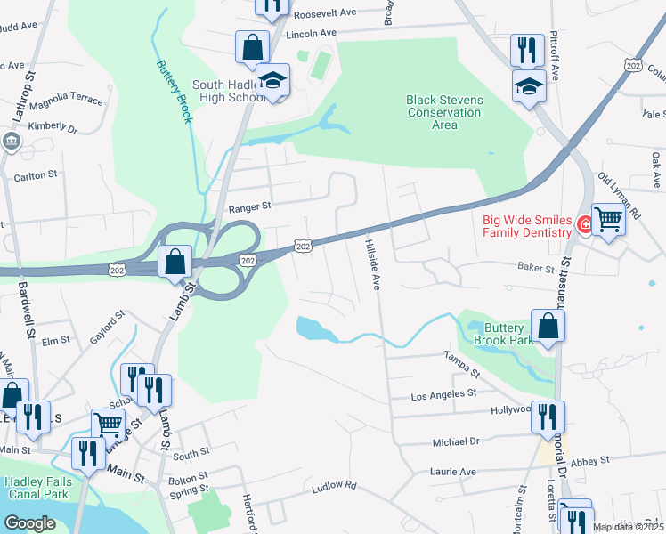 map of restaurants, bars, coffee shops, grocery stores, and more near 8 Lawrence Avenue in South Hadley