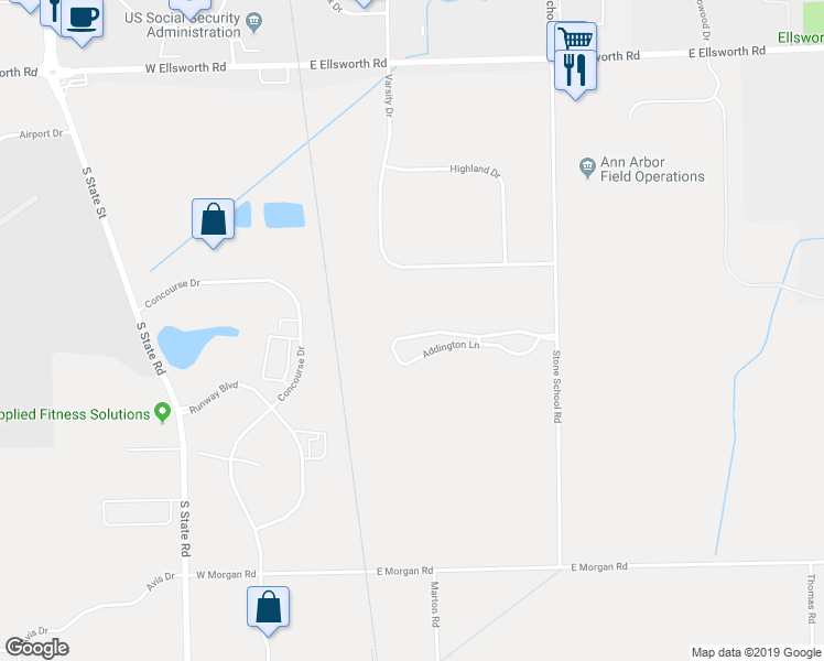 map of restaurants, bars, coffee shops, grocery stores, and more near 1321 Addington Lane in Ann Arbor