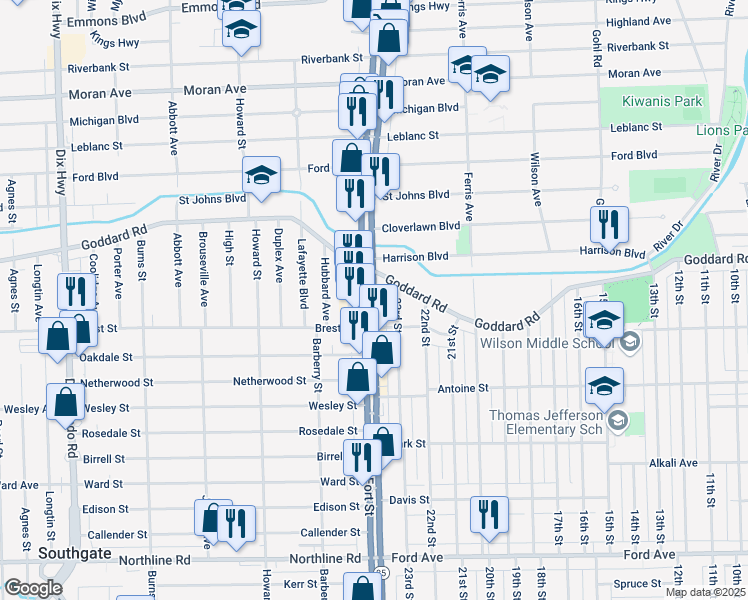 map of restaurants, bars, coffee shops, grocery stores, and more near 1005 Fort Street in Wyandotte