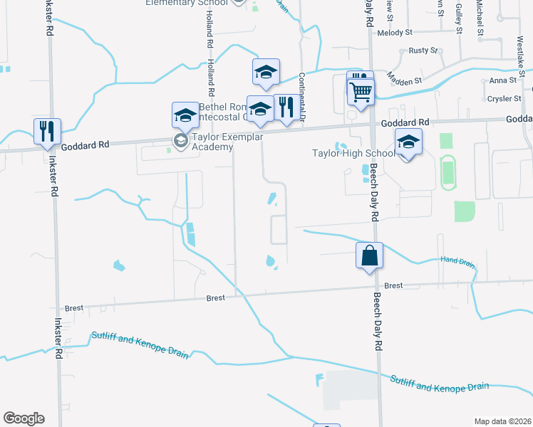 map of restaurants, bars, coffee shops, grocery stores, and more near 11494 Pheasant Circle in Taylor
