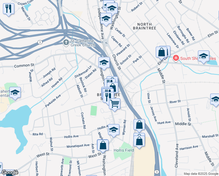 map of restaurants, bars, coffee shops, grocery stores, and more near 314 Washington St in Braintree