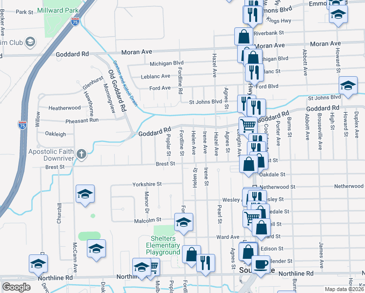 map of restaurants, bars, coffee shops, grocery stores, and more near 4189 Fordline Street in Southgate