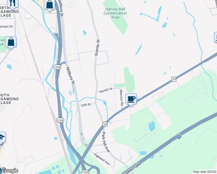 map of restaurants, bars, coffee shops, grocery stores, and more near 23 Garnet Street in Worcester