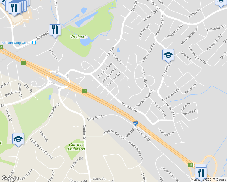 map of restaurants, bars, coffee shops, grocery stores, and more near 19 Cranston Avenue in Dedham