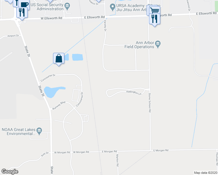 map of restaurants, bars, coffee shops, grocery stores, and more near 1281 Addington Lane in Ann Arbor