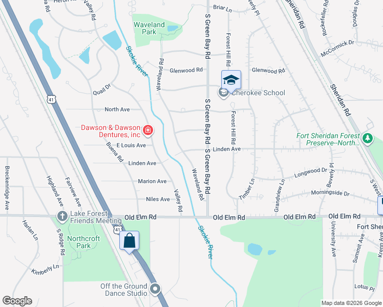 map of restaurants, bars, coffee shops, grocery stores, and more near 985 Waveland Road in Lake Forest