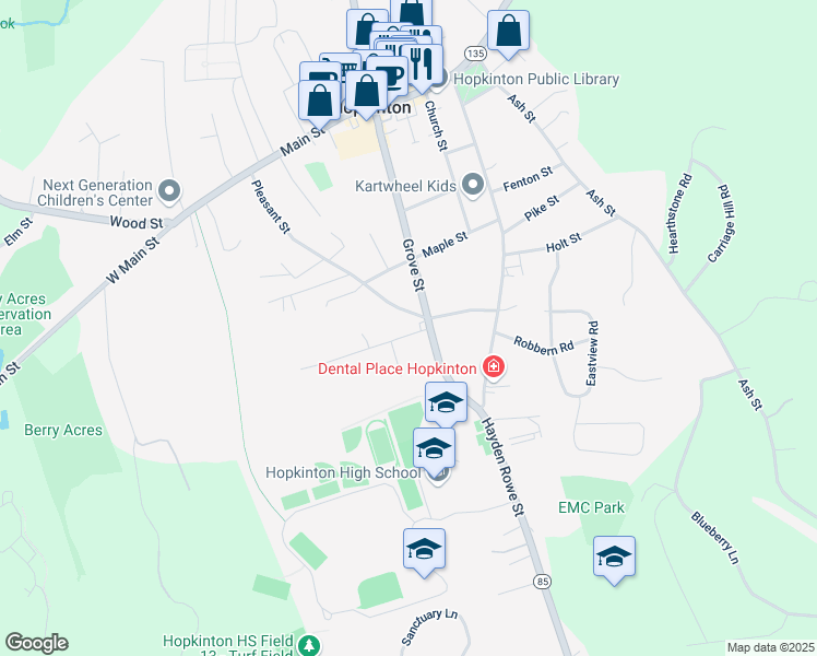 map of restaurants, bars, coffee shops, grocery stores, and more near 72 Grove Street in Hopkinton