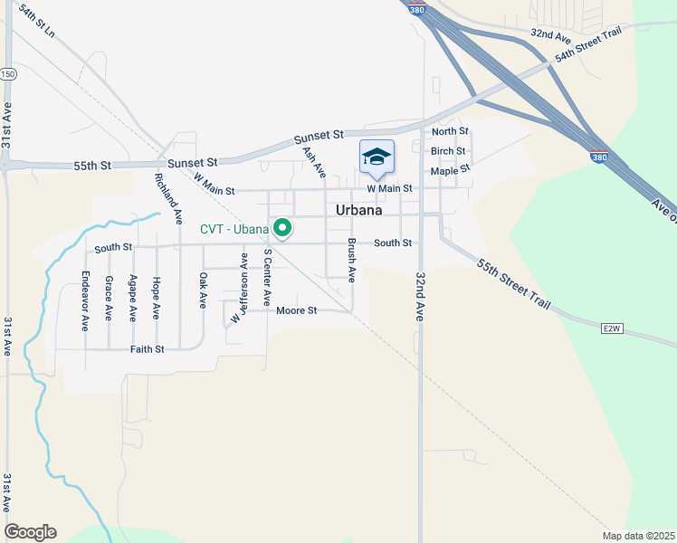 map of restaurants, bars, coffee shops, grocery stores, and more near 211 Brush Avenue in Urbana