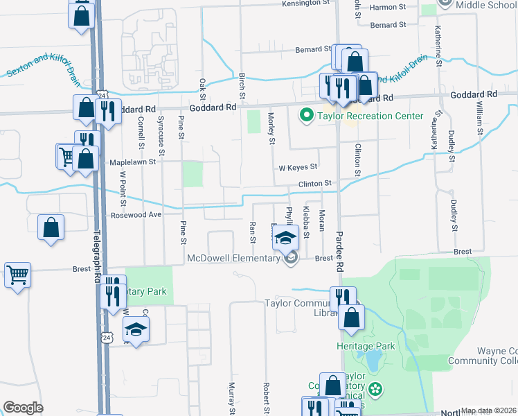 map of restaurants, bars, coffee shops, grocery stores, and more near 11561 Ran Street in Taylor