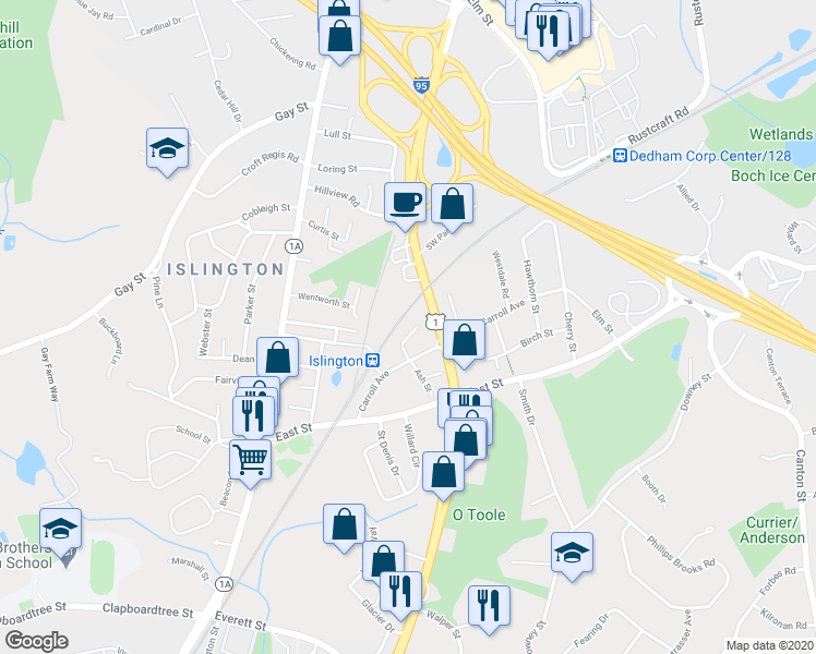 map of restaurants, bars, coffee shops, grocery stores, and more near 40 Carroll Court in Westwood