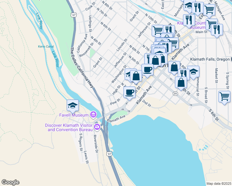 map of restaurants, bars, coffee shops, grocery stores, and more near 234 North 1st Street in Klamath Falls