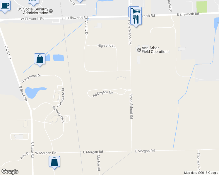 map of restaurants, bars, coffee shops, grocery stores, and more near 1625 Addington Lane in Ann Arbor