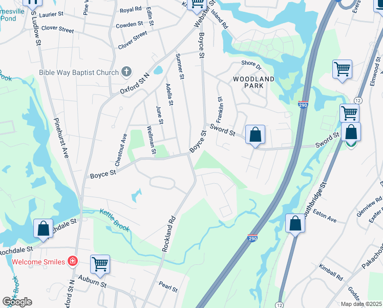 map of restaurants, bars, coffee shops, grocery stores, and more near 115 Boyce Street in Auburn