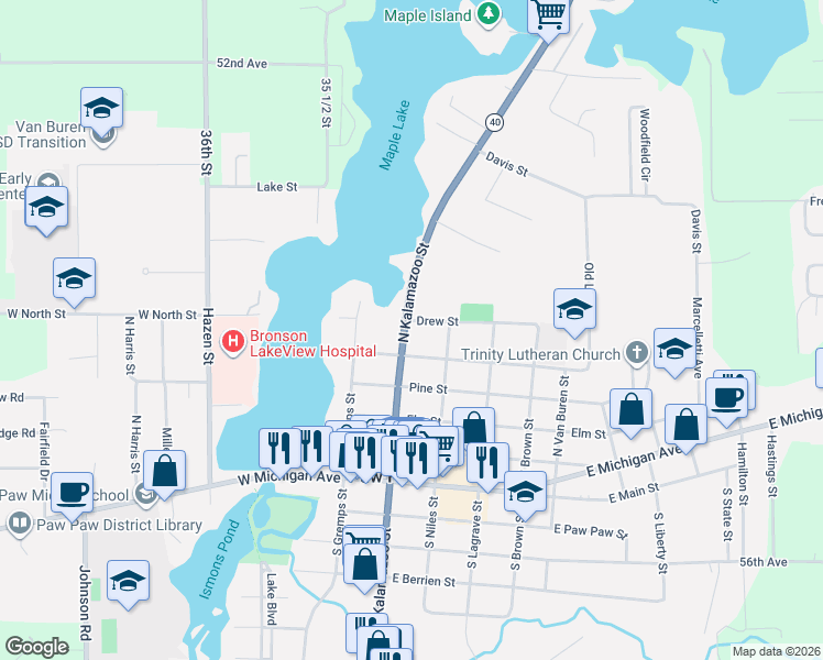 map of restaurants, bars, coffee shops, grocery stores, and more near 514 North Kalamazoo Street in Paw Paw