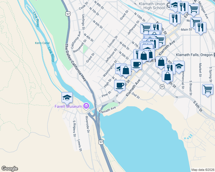 map of restaurants, bars, coffee shops, grocery stores, and more near 234 North 1st Street in Klamath Falls