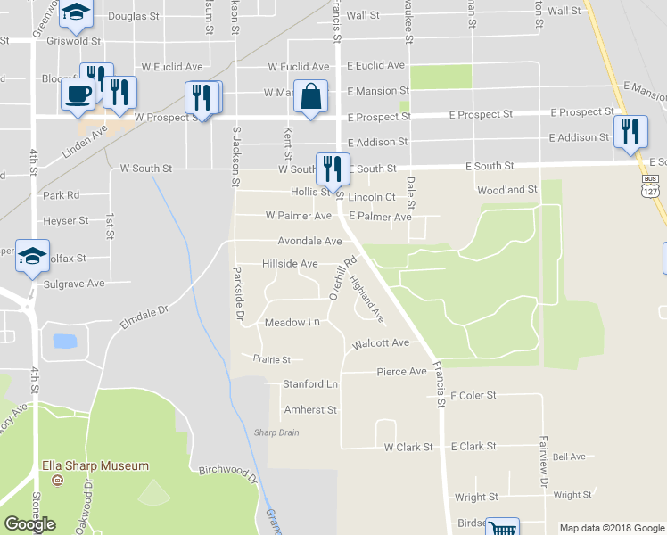 map of restaurants, bars, coffee shops, grocery stores, and more near 2500 Overhill Road in Jackson