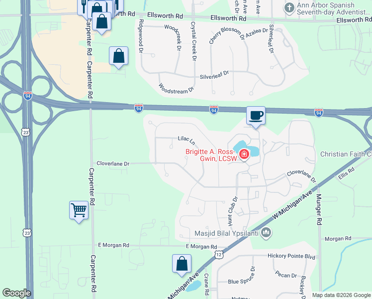 map of restaurants, bars, coffee shops, grocery stores, and more near 4401 Romney Court in Ypsilanti