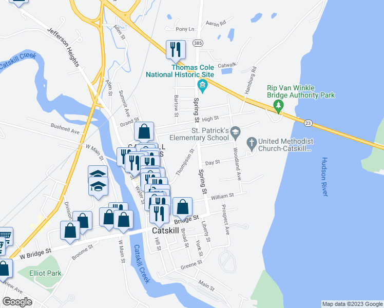 map of restaurants, bars, coffee shops, grocery stores, and more near 100 Thompson Street in Catskill