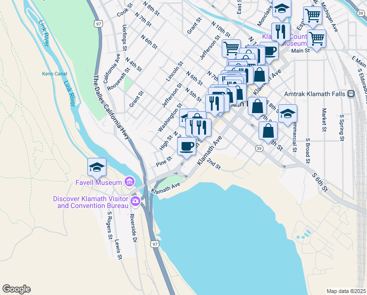 map of restaurants, bars, coffee shops, grocery stores, and more near 124 North 2nd Street in Klamath Falls