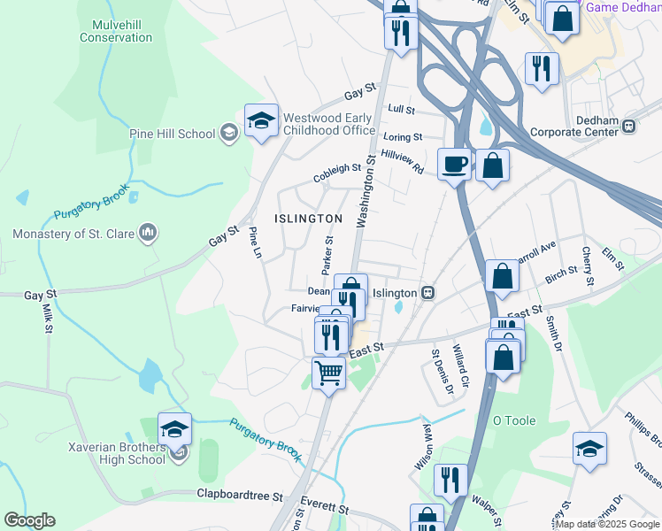 map of restaurants, bars, coffee shops, grocery stores, and more near 31 Parker Street in Westwood