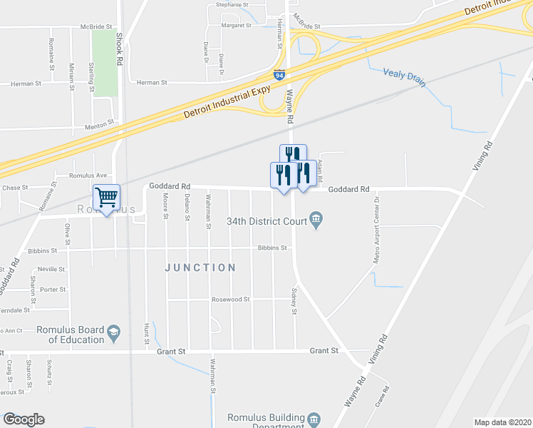 map of restaurants, bars, coffee shops, grocery stores, and more near 11074 Gabriel Street in Romulus