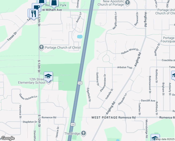 map of restaurants, bars, coffee shops, grocery stores, and more near 6570 Edgefield Street in Portage