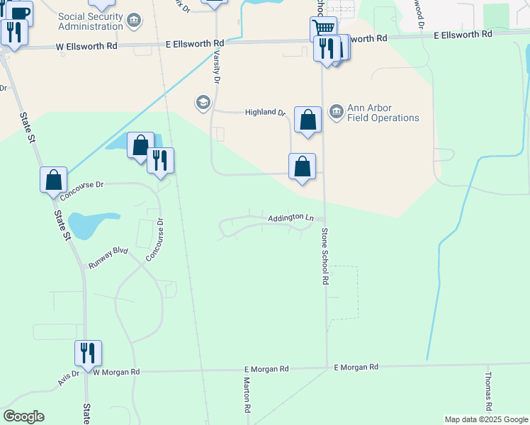 map of restaurants, bars, coffee shops, grocery stores, and more near 1625 Addington Lane in Ann Arbor