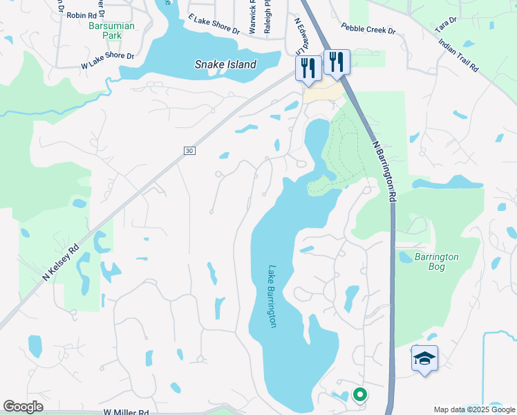 map of restaurants, bars, coffee shops, grocery stores, and more near 24723 Shoreline Road in Lake Barrington