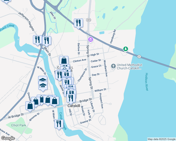 map of restaurants, bars, coffee shops, grocery stores, and more near 107 Spring Street in Catskill
