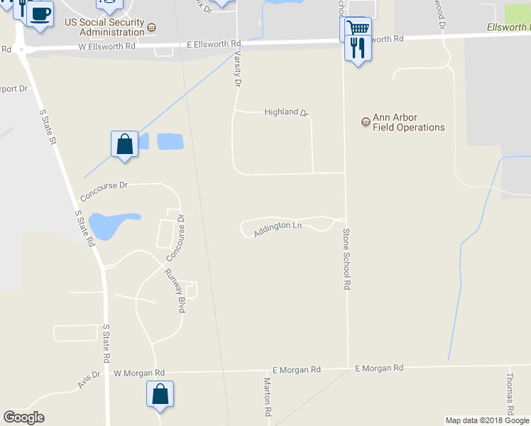 map of restaurants, bars, coffee shops, grocery stores, and more near 1425 Addington Lane in Ann Arbor