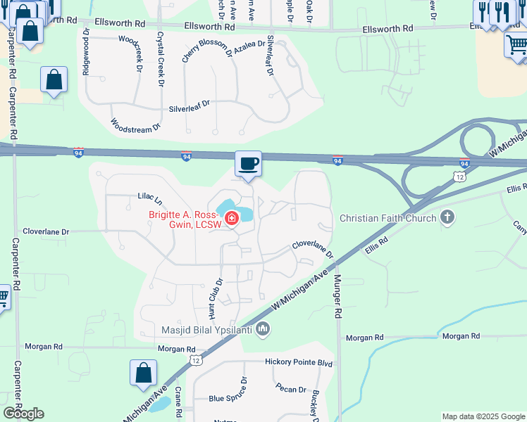 map of restaurants, bars, coffee shops, grocery stores, and more near 4561 Meadowview Court in Ypsilanti