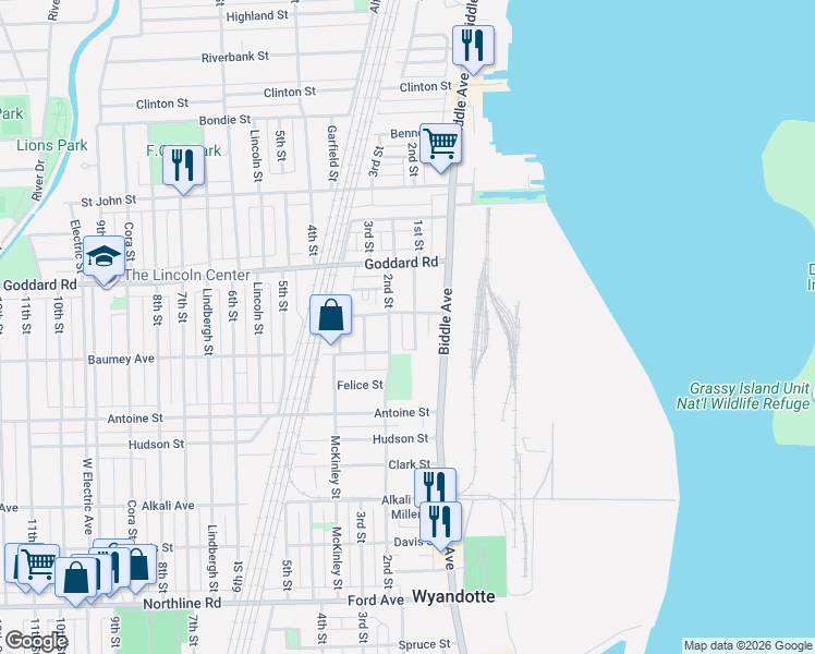 map of restaurants, bars, coffee shops, grocery stores, and more near 1123 1st Street in Wyandotte