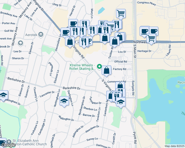 map of restaurants, bars, coffee shops, grocery stores, and more near 562 Somerset Lane in Crystal Lake
