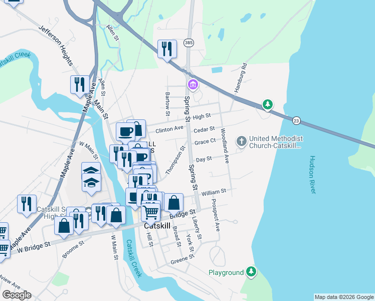 map of restaurants, bars, coffee shops, grocery stores, and more near 104 Spring Street in Catskill