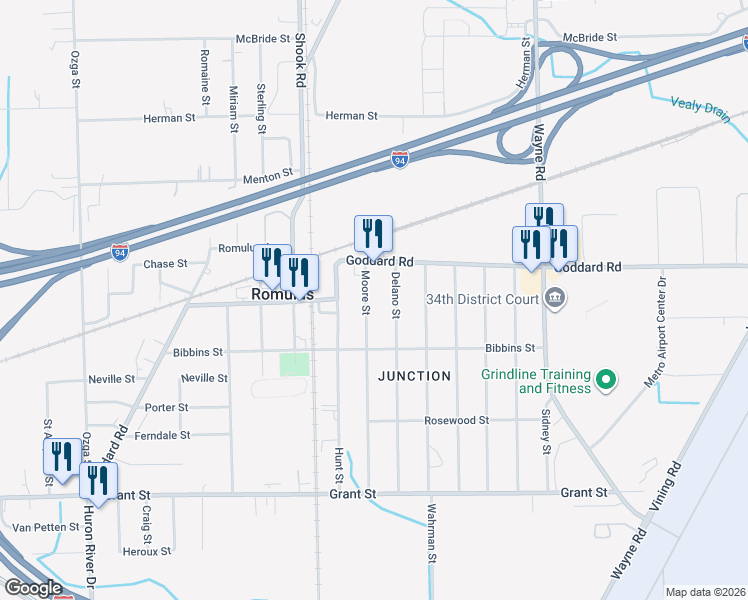 map of restaurants, bars, coffee shops, grocery stores, and more near 11091 Moore Street in Romulus