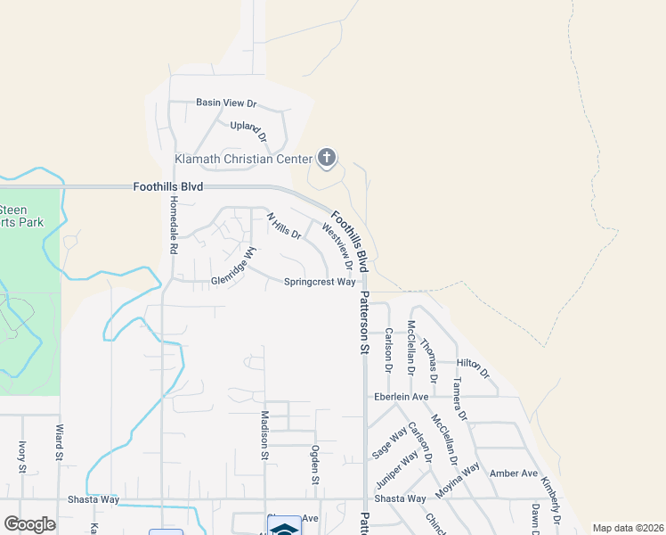 map of restaurants, bars, coffee shops, grocery stores, and more near 5851 North Hills Drive in Klamath Falls