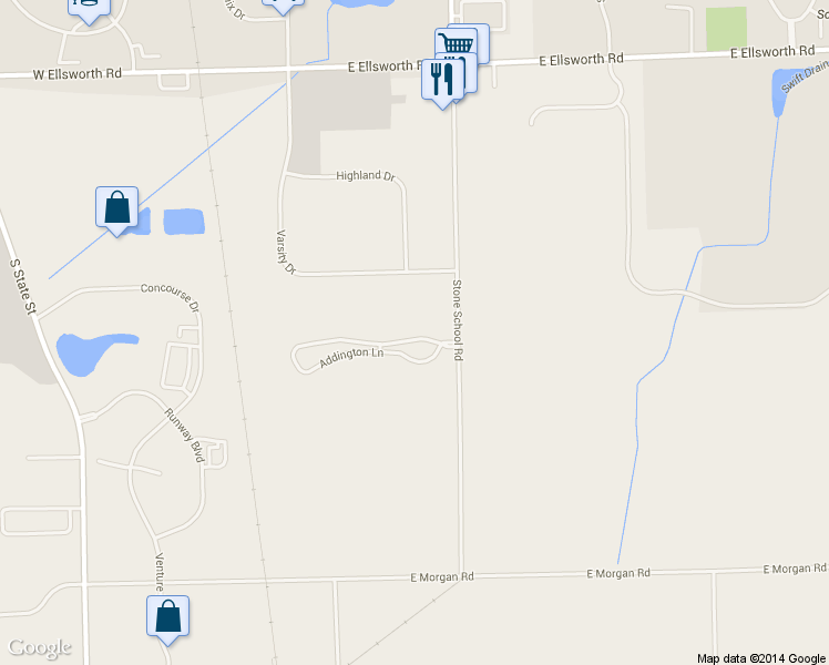 map of restaurants, bars, coffee shops, grocery stores, and more near 1801 Addington Lane in Ann Arbor