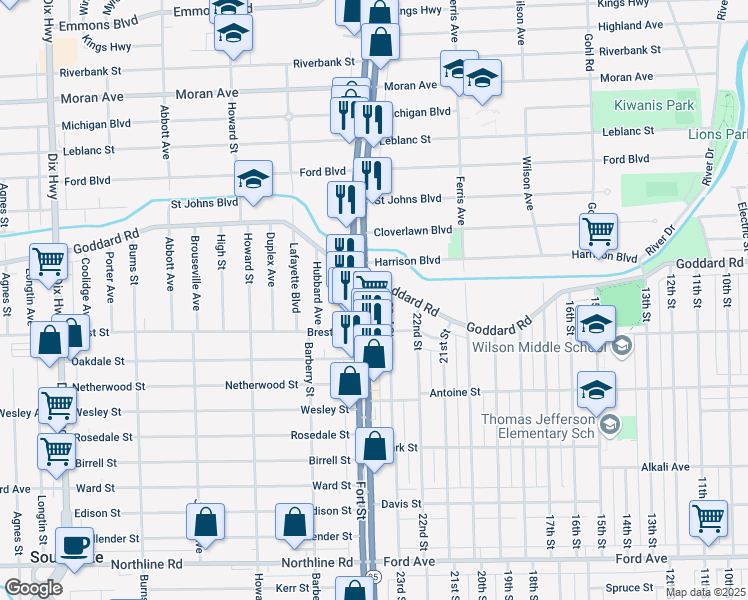 map of restaurants, bars, coffee shops, grocery stores, and more near 1005 Fort Street in Wyandotte