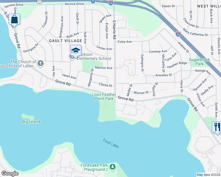 map of restaurants, bars, coffee shops, grocery stores, and more near 1358 Clarita Street in Ypsilanti