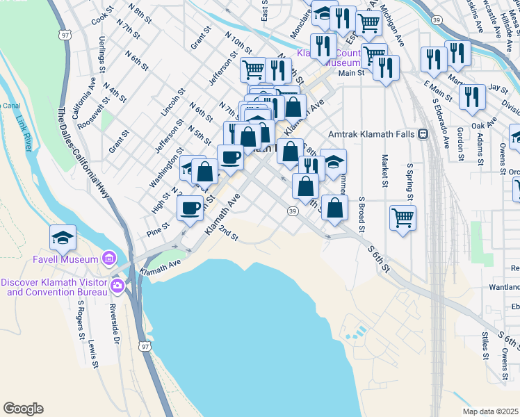 map of restaurants, bars, coffee shops, grocery stores, and more near South 4th Street in Klamath Falls